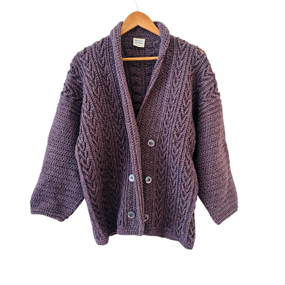 Vtg Handmade Purple Cable Knit Cardigan‎ Sweater XL Shawl Collar Chunky England